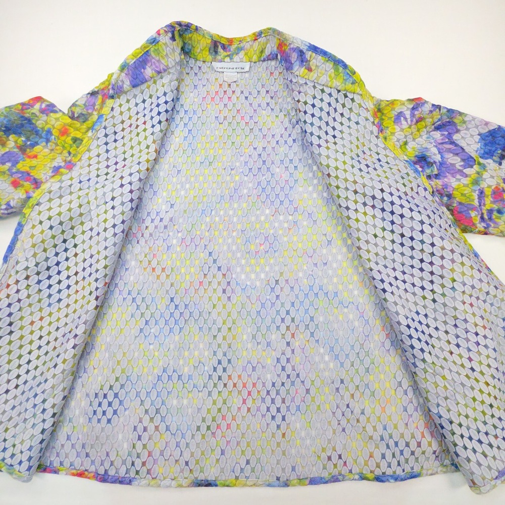 Caroline Rose Floral Textured Open Front Jacket Women L Multi Color Sheer Poly - Picture 3 of 8